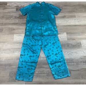 Ngoc Anh 100% Silk Vietnamese Pajama Set XL Teal Bamboo Mandarin Frog Button